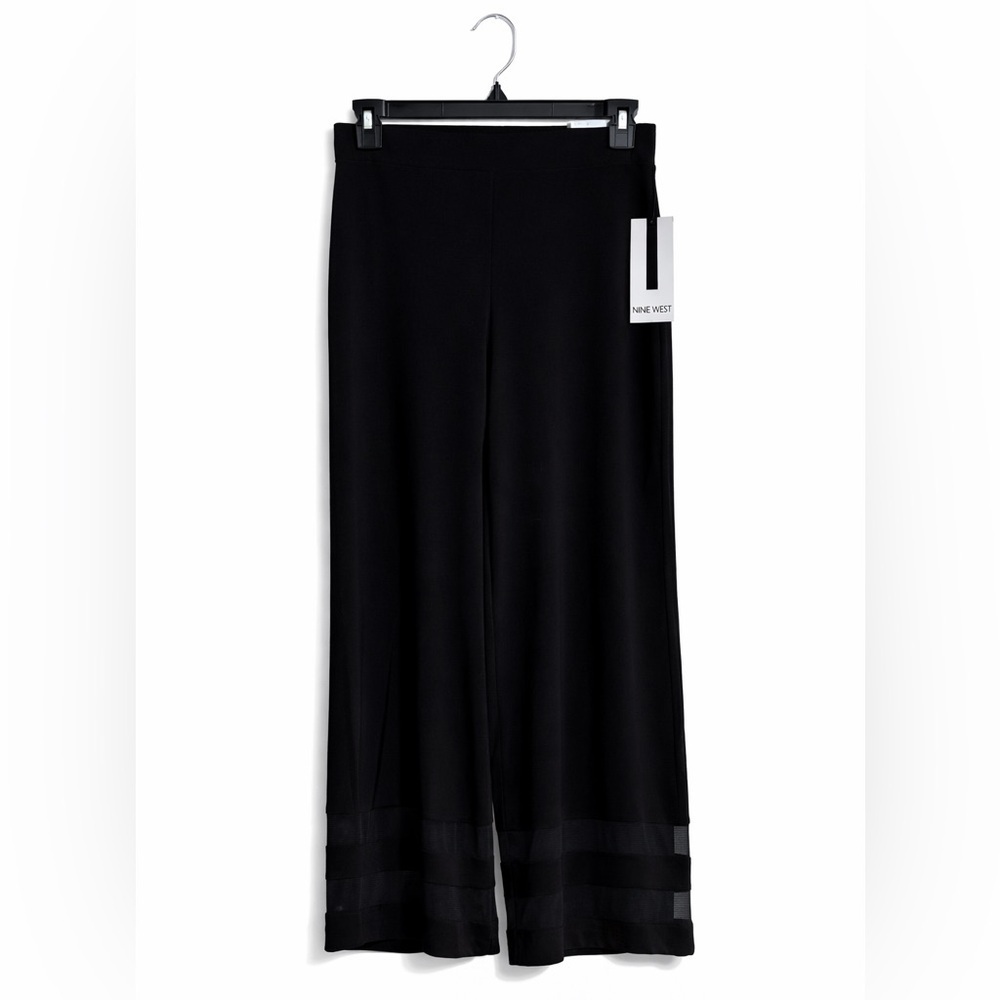 Nine West Wide Crop Pants Black Pull On Mesh Hem Small New With Tags
